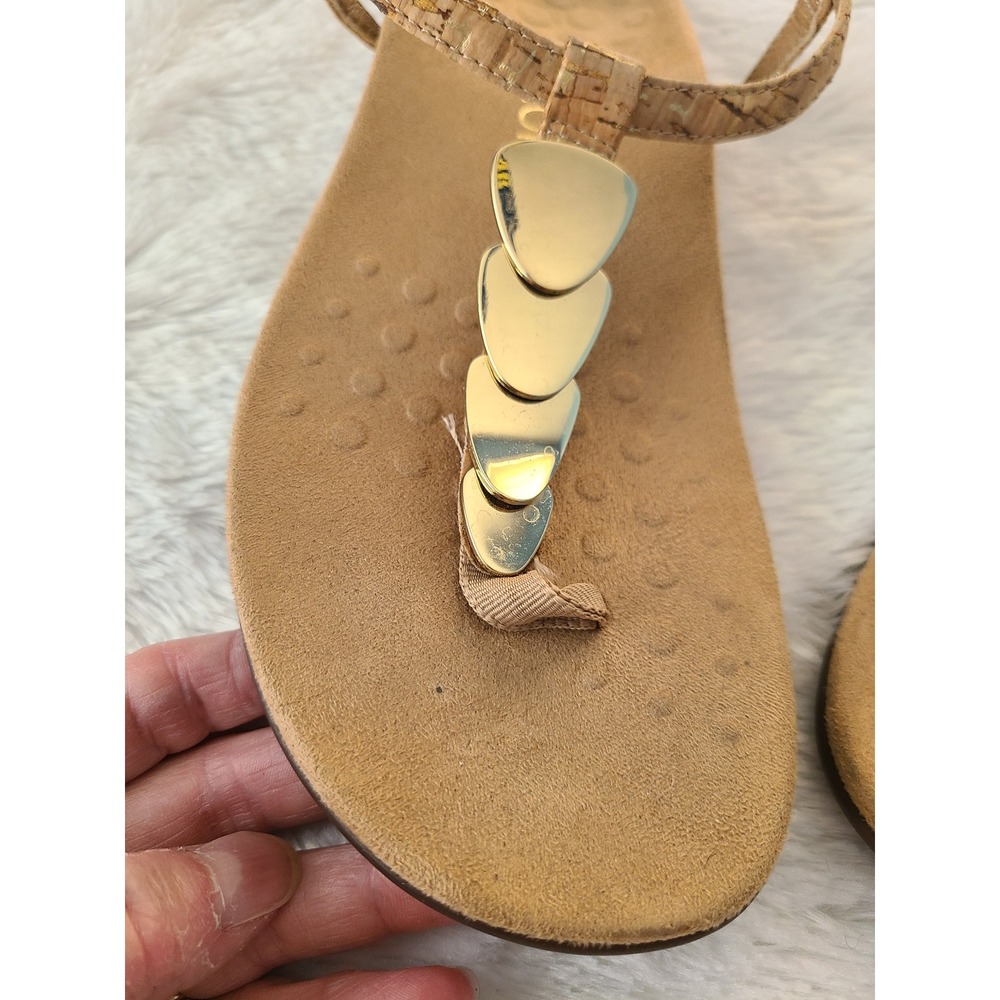 Vionic Miami Cork T-Strap Sandals Gold Hardware Tan Orthotic Thong Women 7 - Picture 2 of 6